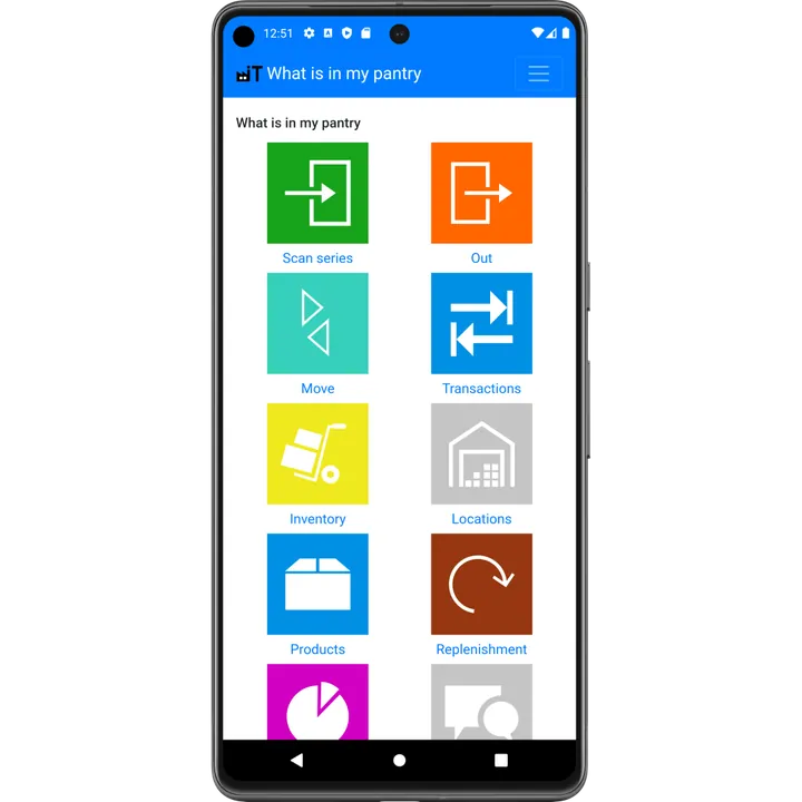Hoofdmenu van de What Is In My Pantry app met knoppen voor scannen, afboeken, verplaatsen, voorraad, locaties en producten