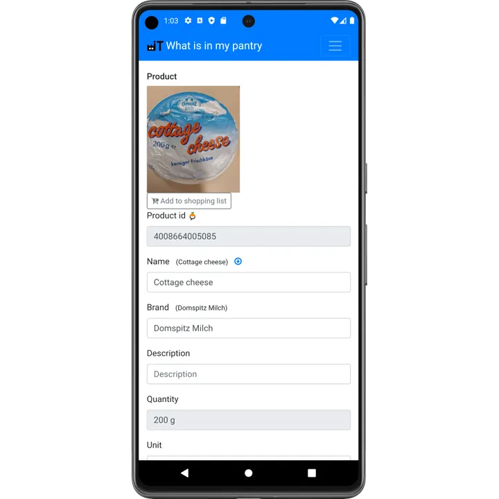 Productdetails met foto, barcode, naam en merk